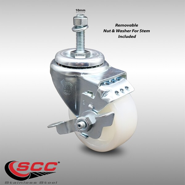 3 Inch SS Nylon Wheel Swivel 10mm Threaded Stem Caster with Brake SCC